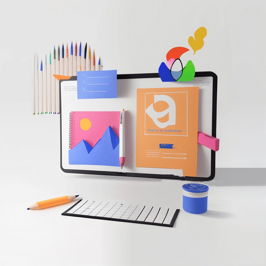 Creation site internet-pjmb-web.2 Illustration un écran sur un bureau avec un clavier et sur le mur des crayon de couleur aligné